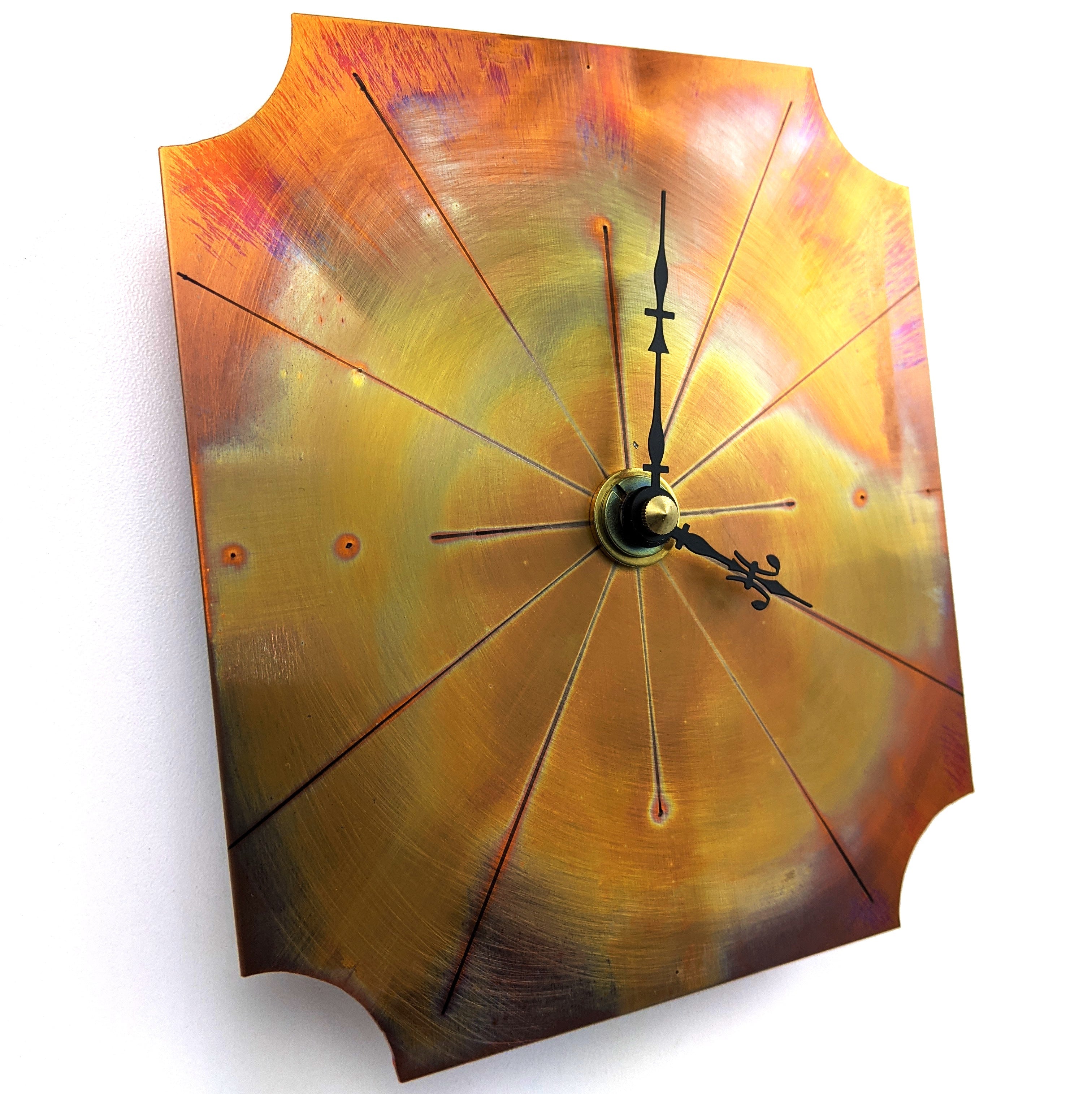 Small Wall Clock in Fiery Red Copper, Painted with a Flame