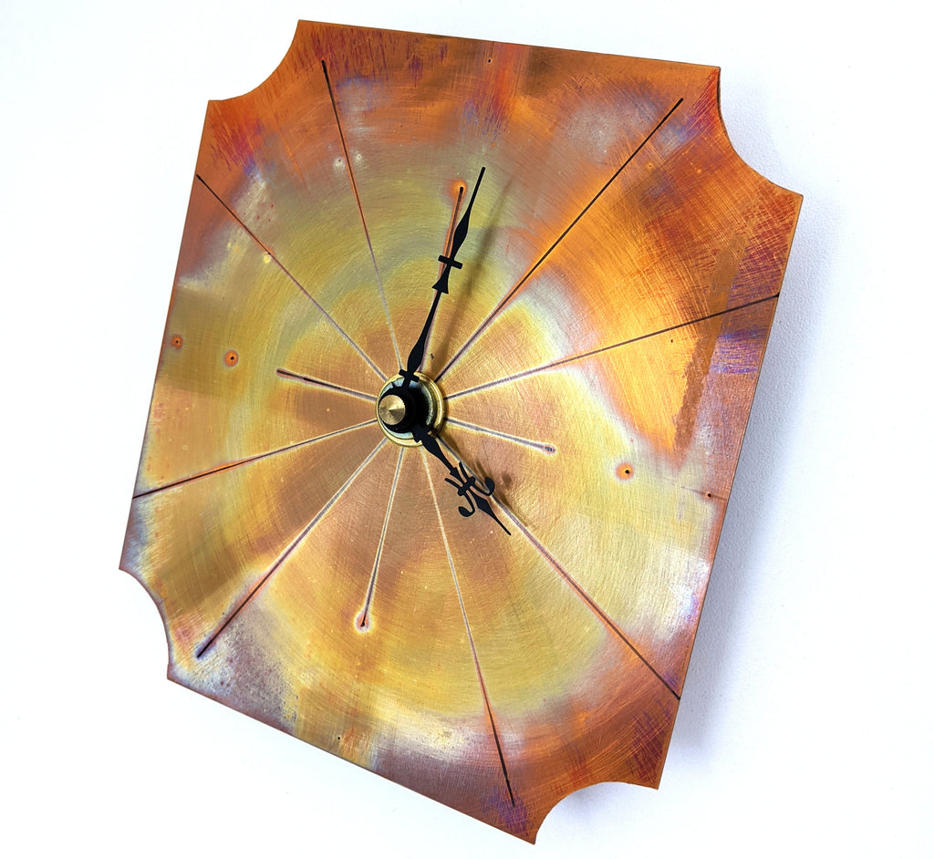 Small Wall Clock in Fiery Red Copper, Painted with a Flame