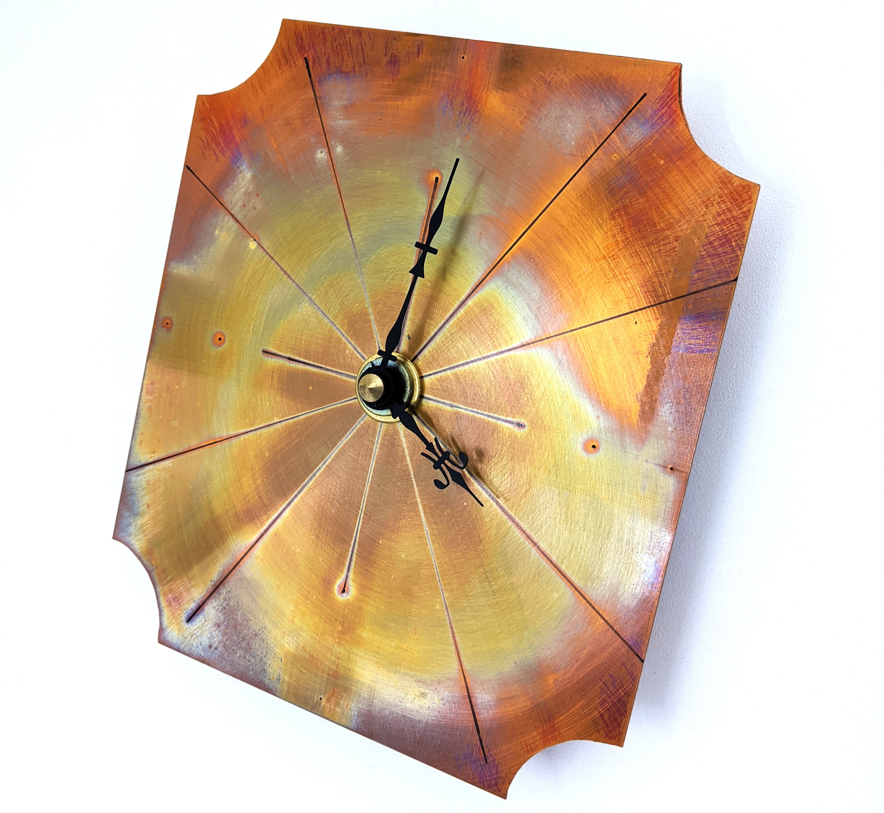 Small Wall Clock in Fiery Red Copper, Painted with a Flame